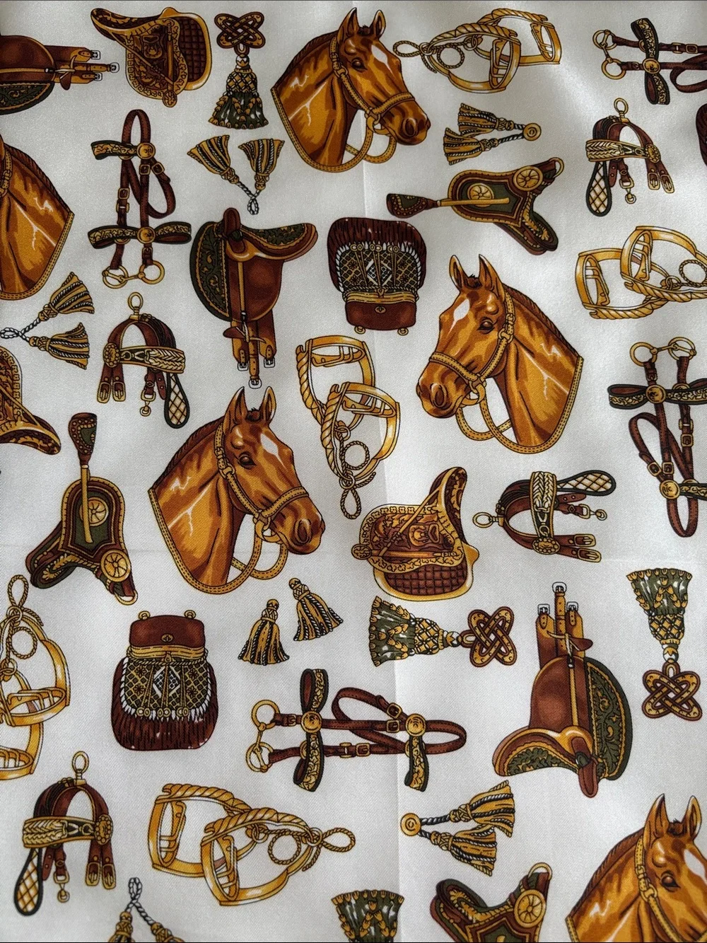 Unbranded Equestrian Motif Print Silk Scarf Ivory Gold & Olive Handmade